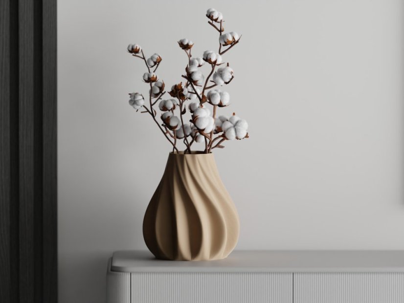 Váza Blossom Twist s baňatým tvarem a spirálovým vzorem, 3D tisk